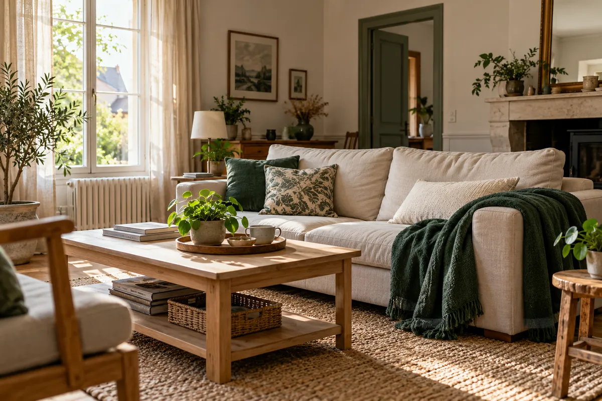 Illustration : intérieur lumineux avec des plantes et un canapé.